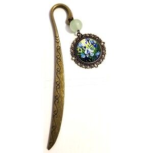 ~4.5” Bronze-tone Metal Hook Bookmark ~1” Iris Floral Dangle Pendant New